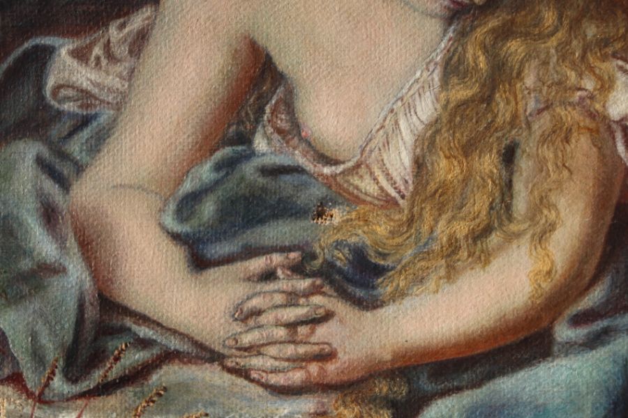 A Pre Raphaelite style Victorian study of a recumbent girl reading a book, indistinctly signed and - Image 10 of 11