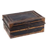 A 19th century black Japanned strong box with fitted interior, 45cms wide.