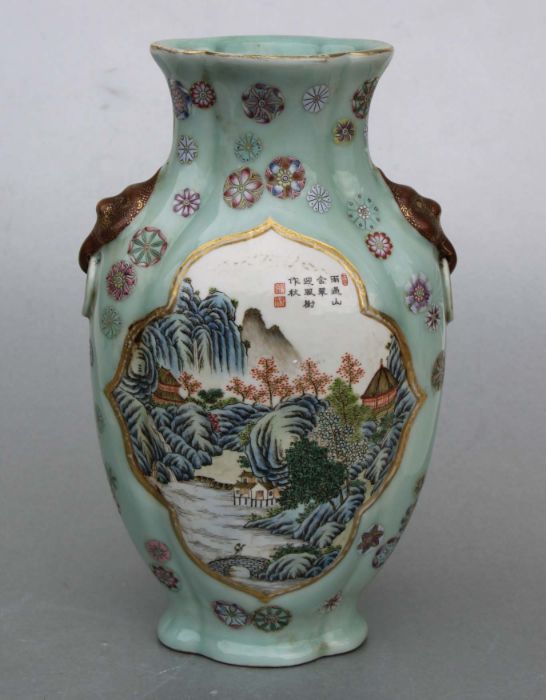 A Chinese Republic style vase decorated with landscapes and calligraphy within panels, on a - Image 4 of 7
