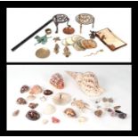 A quantity of collector's items to include shells, mother of pearl coasters; brass door knockers;