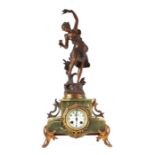 A French figural mantle clock, with enamel, green figured marble case surmounted a gilt spelter