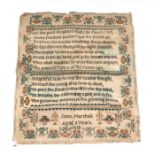 A Regency period sampler by Jane Marshall aged 8 years, dated 1818, with verse within a meandering