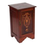 An Edwardian mahogany pot cupboard with inlaid urn and ribbon tie decoration, 37cms wide.