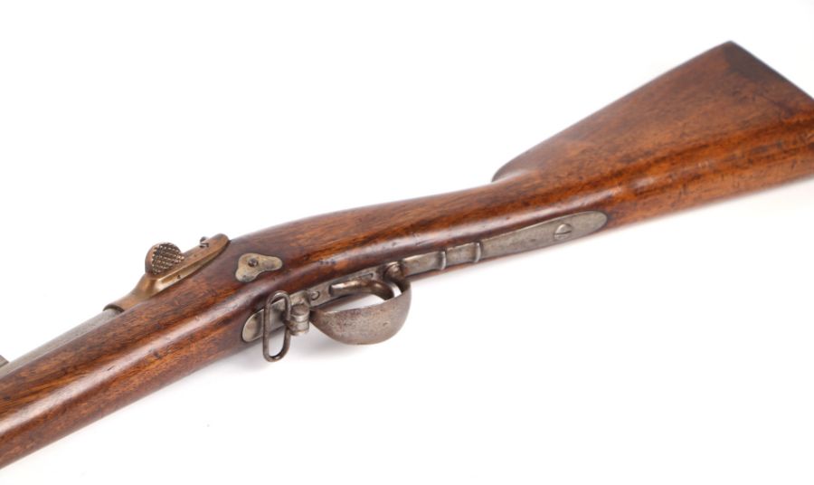 A 19th century French percussion rifle with sprung lever breach barrel, suspension loops and - Image 7 of 15