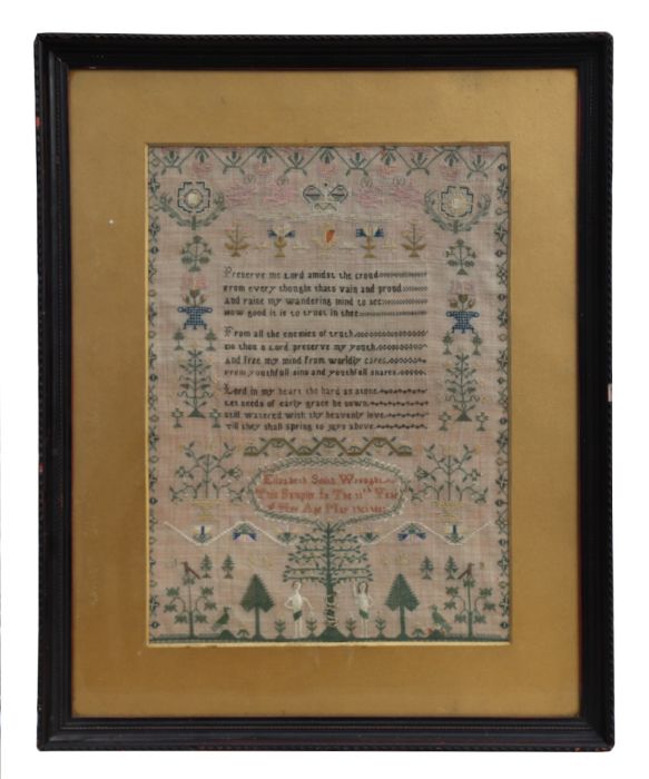 A William IV sampler by Elizabeth Smith Wraught aged 11 years, with verse, Adam and Eve, birds and