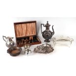 A quantity of silver plate to include wine coaster, teapot and flatware.