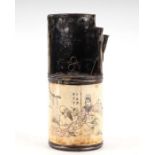 A Chinese white metal mounted bone water pipe decorated with figures and calligraphy, 19.5cms high.