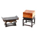 A Japanese burr wood box on stand 14cm high together with black lacquer alter stand with gilt