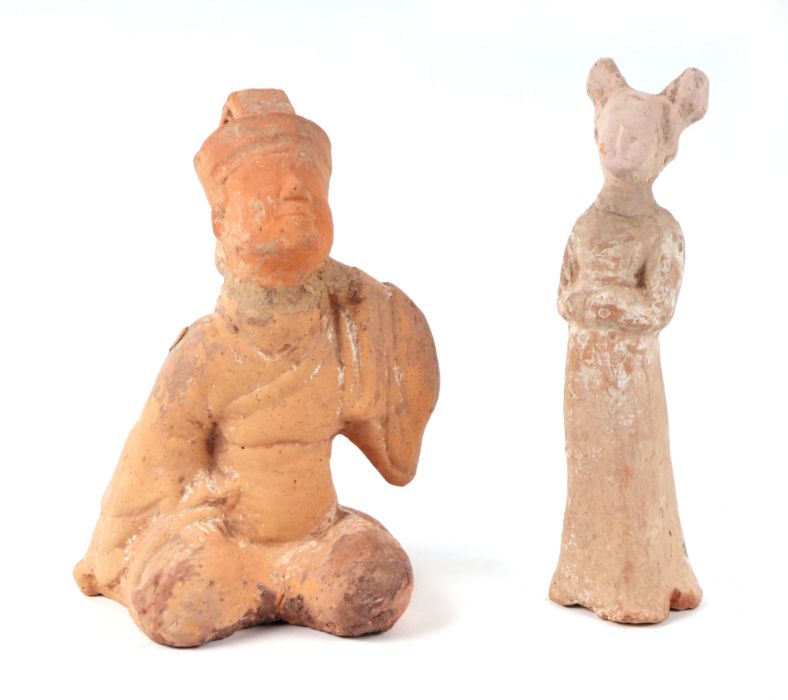Two Chinese Han Dynasty style pottery figures, a cloisonne jar and cover; two Asian carved wooden