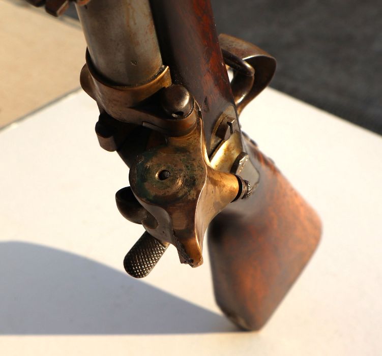 A 19th century French percussion rifle with sprung lever breach barrel, suspension loops and - Image 11 of 15