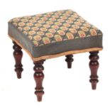 A Victorian upholstered footstool on turned mahogany legs, 34cms wide.Condition ReportThe stool