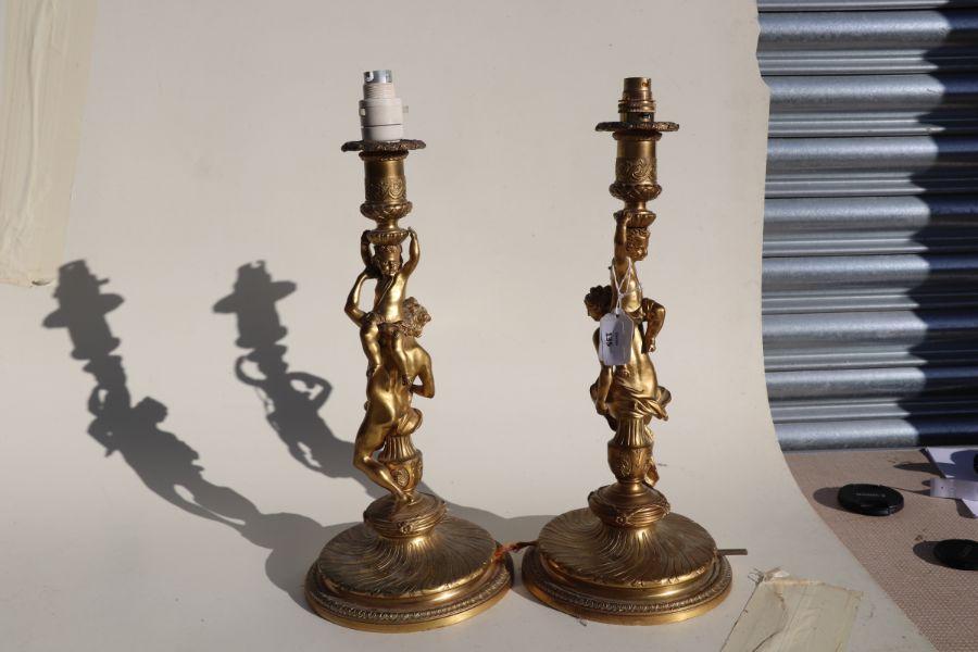 A pair of gilt bronze figural table lamps, the columns in the form of neo-classical figures, each - Image 5 of 7