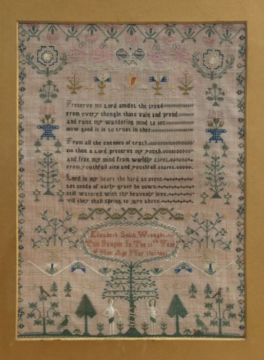 A William IV sampler by Elizabeth Smith Wraught aged 11 years, with verse, Adam and Eve, birds and - Image 2 of 2