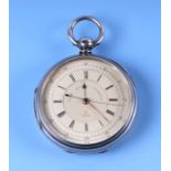 A late Victorian silver chronograph watch, the white dial with Roman numerals and outer seconds