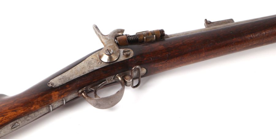 A 19th century French percussion rifle with sprung lever breach barrel, suspension loops and - Image 2 of 15