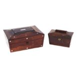 A 19th century rosewood sarcophagus form two-division tea caddy, 20cms wide; together with a similar