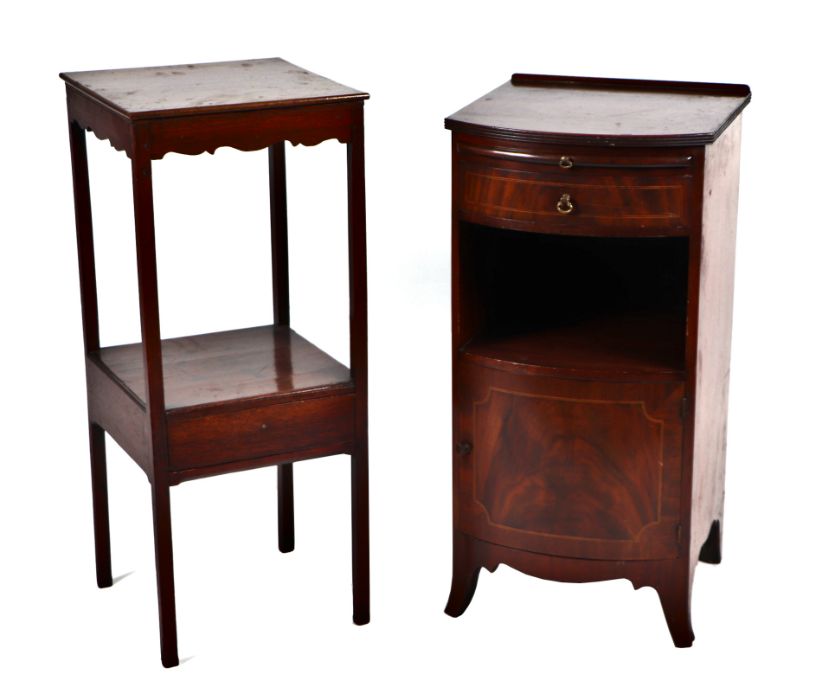 A George III style mahogany two-tier bedside table with single drawer, 34cms wide; together with a