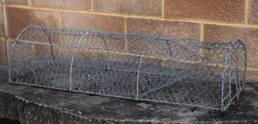 A wirework crayfish trap, 90cms long; together with two shooting sticks, both with leather seats ( - Image 2 of 2