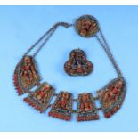 A Nepalese / Tibetan gilt metal turquoise and coral set necklace; together with a similar brooch (