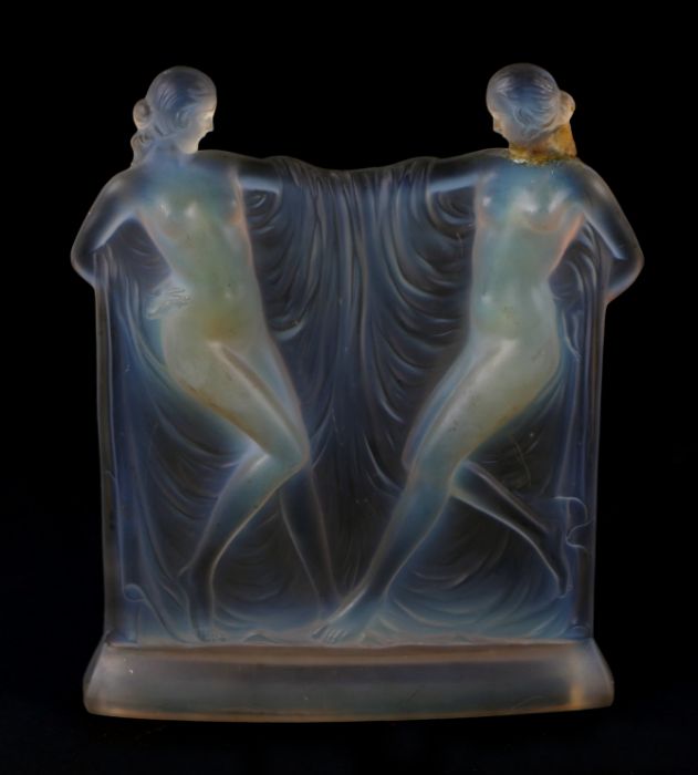 A Rene Lalique style early 20th century opalescent glass figural group depicting two female nudes