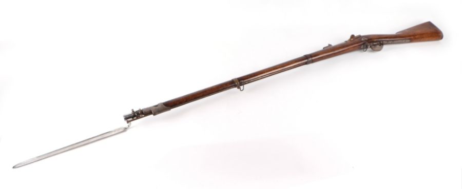 A 19th century French percussion rifle with sprung lever breach barrel, suspension loops and - Image 6 of 15