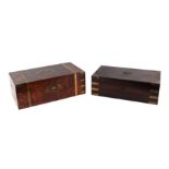 A large Victorian brass bound figured walnut writing slope, 50cms wide; together with a similar