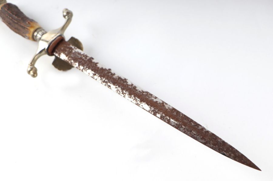 A German hunting knife with engraved steel blade and antler handle, 37cms long. - Image 3 of 4