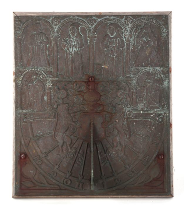 A bronze sundial decorated with a Coat of Arms and religious figures, 36.5 by31.5cms, mounted on a - Image 2 of 3