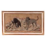 A late 19th century embroidery and felt work depicting two dogs standing in a stream, framed &