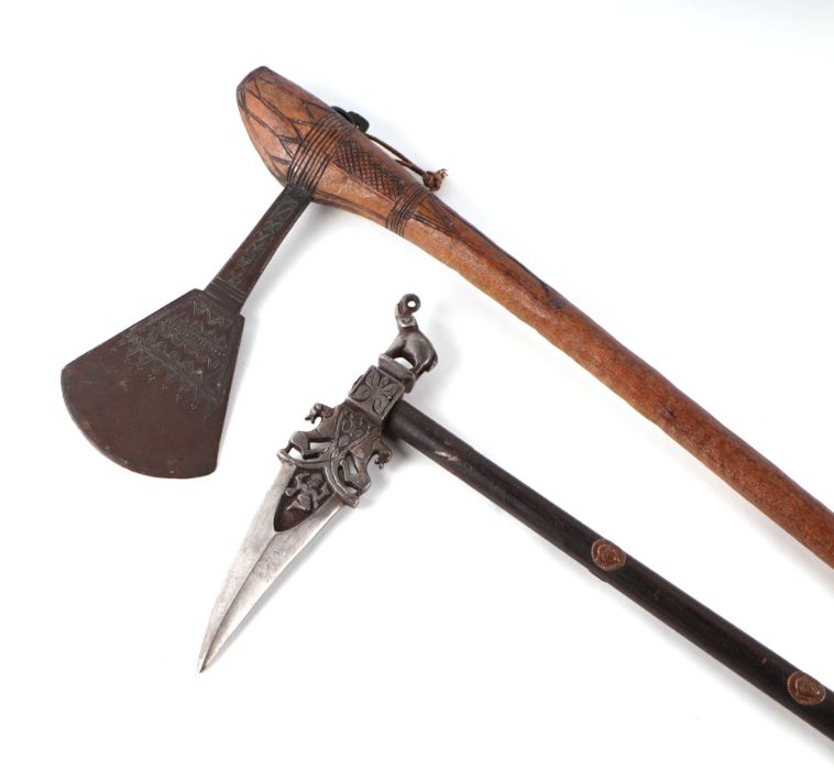 An African tribal axe with carved wood shaft, 59cms long; together with an Indian zhaghnal (2). - Image 2 of 5