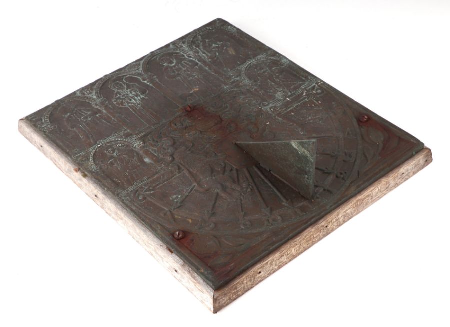 A bronze sundial decorated with a Coat of Arms and religious figures, 36.5 by31.5cms, mounted on a - Image 3 of 3