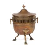 An Adam style brass coal scuttle with loop handles and cabriole legs with pad feet, approx 35cms