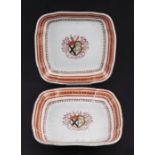 A pair of Chinese armorial dishes of square form with the arms for Johnston, 22cms wide (2).