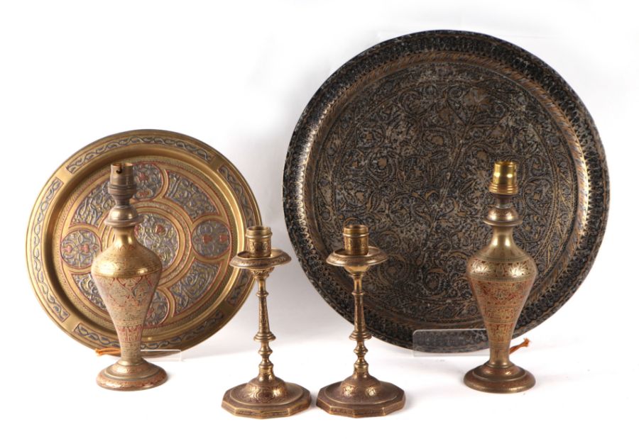 A Cairo ware style brass trumpet vase; together with brass trays; candlesticks; and other similar - Image 2 of 2