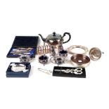 A quantity of assorted silver plated items to include a wine funnel; wine coaster; tea service;