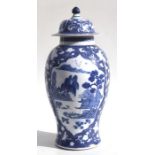 A large Chinese blue & white baluster vase and cover decorated with river landscape scenes within