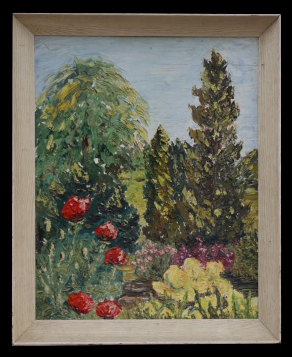 Modern British - Country Garden with Poppies in the Foreground - textured oil on board, framed, 40by