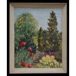 Modern British - Country Garden with Poppies in the Foreground - textured oil on board, framed, 40by