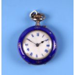 An Edwardian silver and guilloche blue enamel ladies fob watch, the white dial with Arabic numerals,