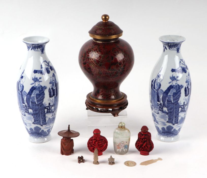 Two Chinese Han Dynasty style pottery figures, a cloisonne jar and cover; two Asian carved wooden - Image 2 of 3