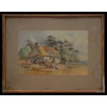 Victorian school - Thatched Cottage with Figures in the Foreground - watercolour, framed & glazed,