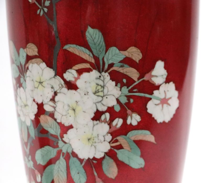 A pair of large Japanese cloisonne vases decorated with birds and flowers, on a red ground, 38cms - Image 5 of 6