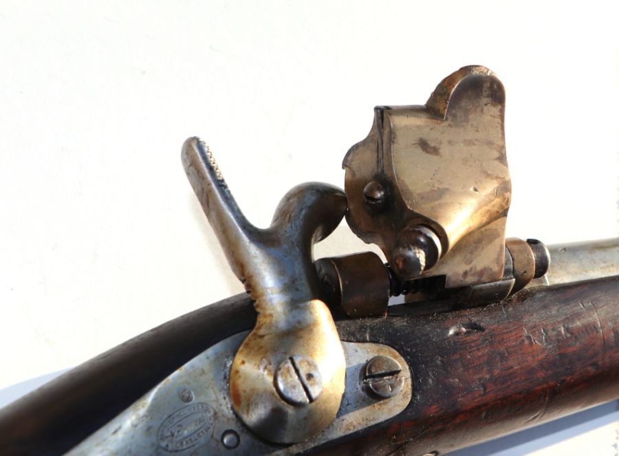 A 19th century French percussion rifle with sprung lever breach barrel, suspension loops and - Image 10 of 15