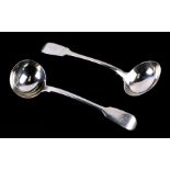 A George II silver fiddle pattern sauce ladle, crested, 70g, London 1756; together with another