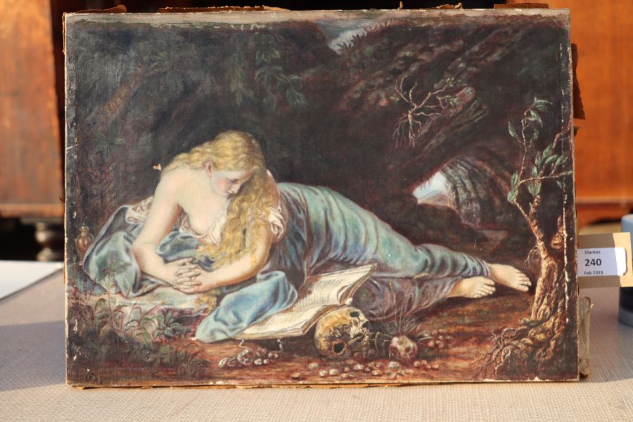 A Pre Raphaelite style Victorian study of a recumbent girl reading a book, indistinctly signed and - Image 4 of 11