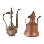 A Turkish tinned copper coffee pot. 38cm high together with a similar copper coffee pot. 33cm high