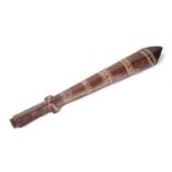 Oceanographic interest. A hardwood club or staff tip with chipped carved decoration, possibly