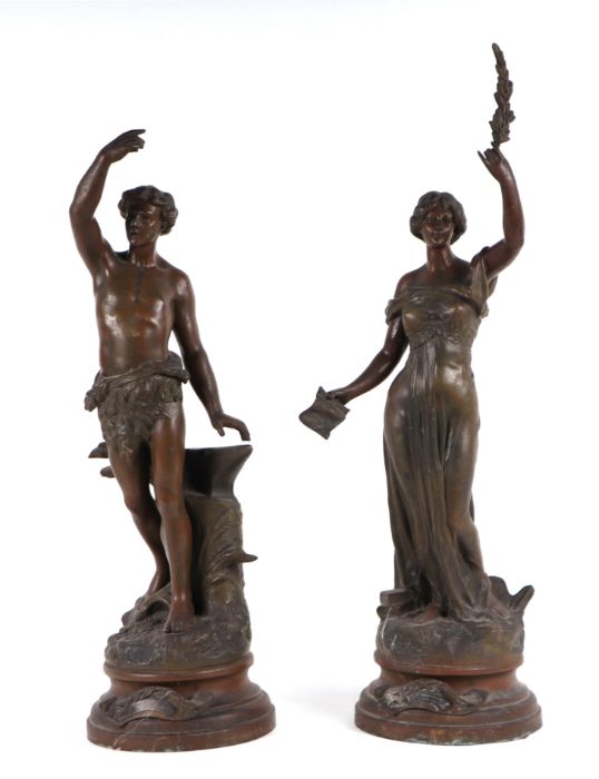 A pair of late 19th century French bronzed spelter figures, the largest 65cms high (2).