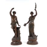 A pair of late 19th century French bronzed spelter figures, the largest 65cms high (2).