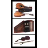 A two-piece back violin, 59cms long, in a wooden case with two bows (a/f); together with an